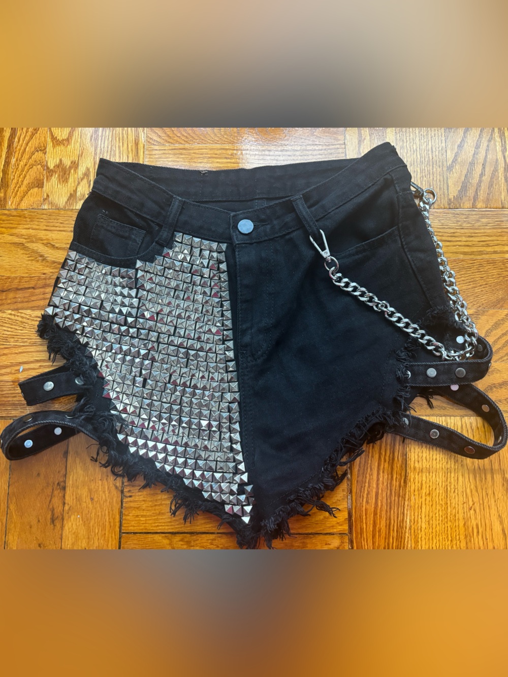 Custom Hand Studded Black Denim Shorts | High Cut +  Punk Studs + Distressed | S